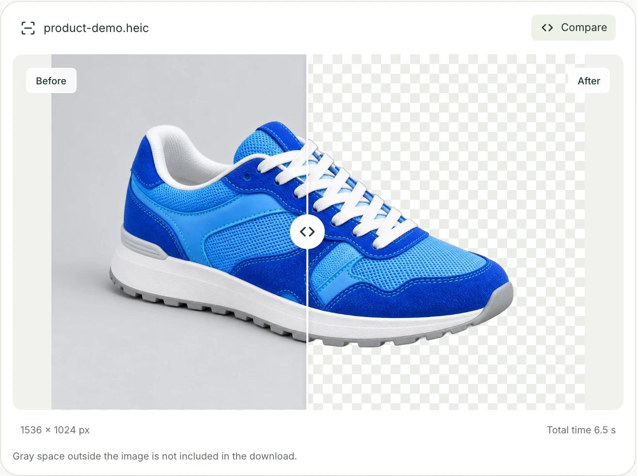 A blue shoe in Mattevia’s comparison view, with its original background on the left and a transparent background on the right.