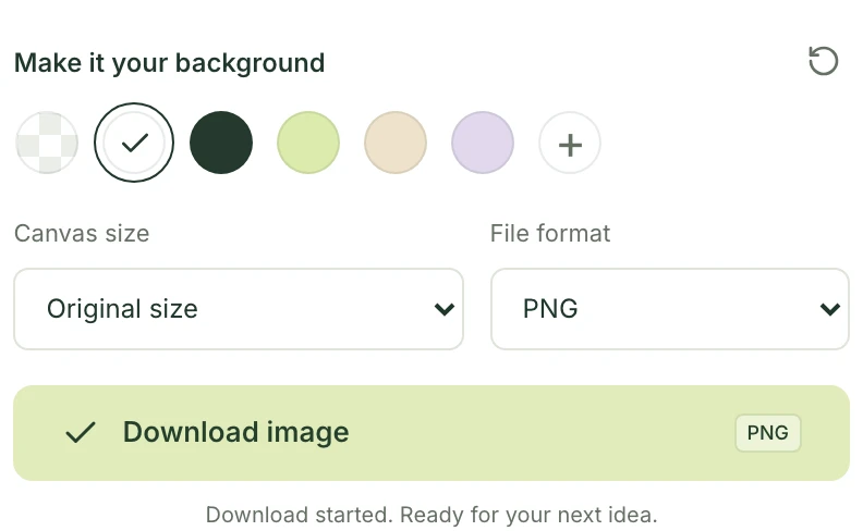 Mattevia export controls with the white background swatch selected while the file format remains PNG.