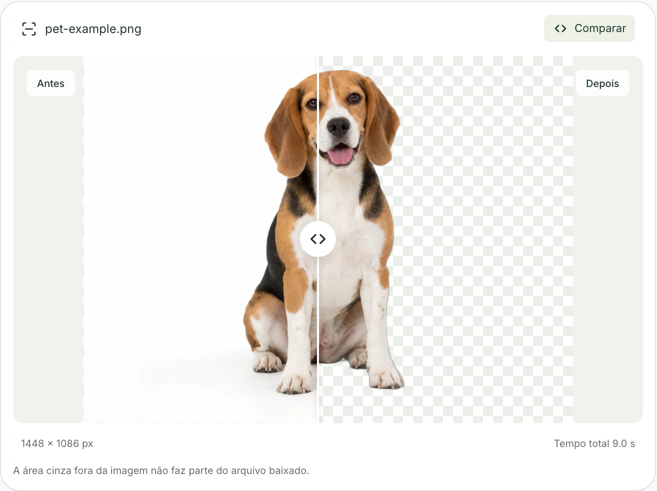 Beagle na comparação do Mattevia, com o fundo branco original à esquerda e a prévia de transparência quadriculada à direita.